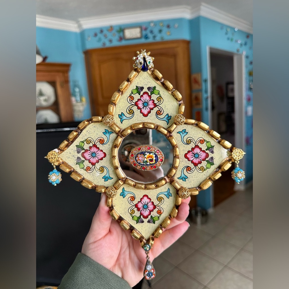 Vintage Floral Tin & Millefiori Mosaic Wall Art Gold Boho Mirror Assemblage 8x8”